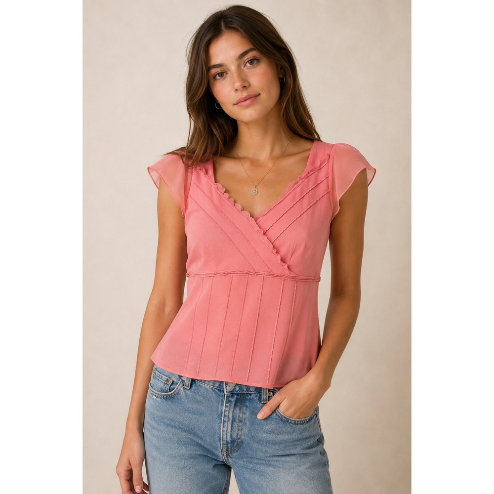 VTG 90s Y2K ANN TAYLOR Babydoll Top Silk Pink Ruffle Whimsy Fairy Coquette 4